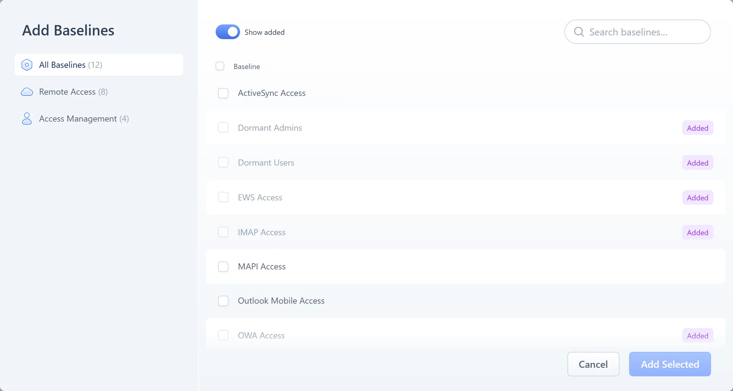 A group's detail panel with its + Baseline picker open over the Baselines tab