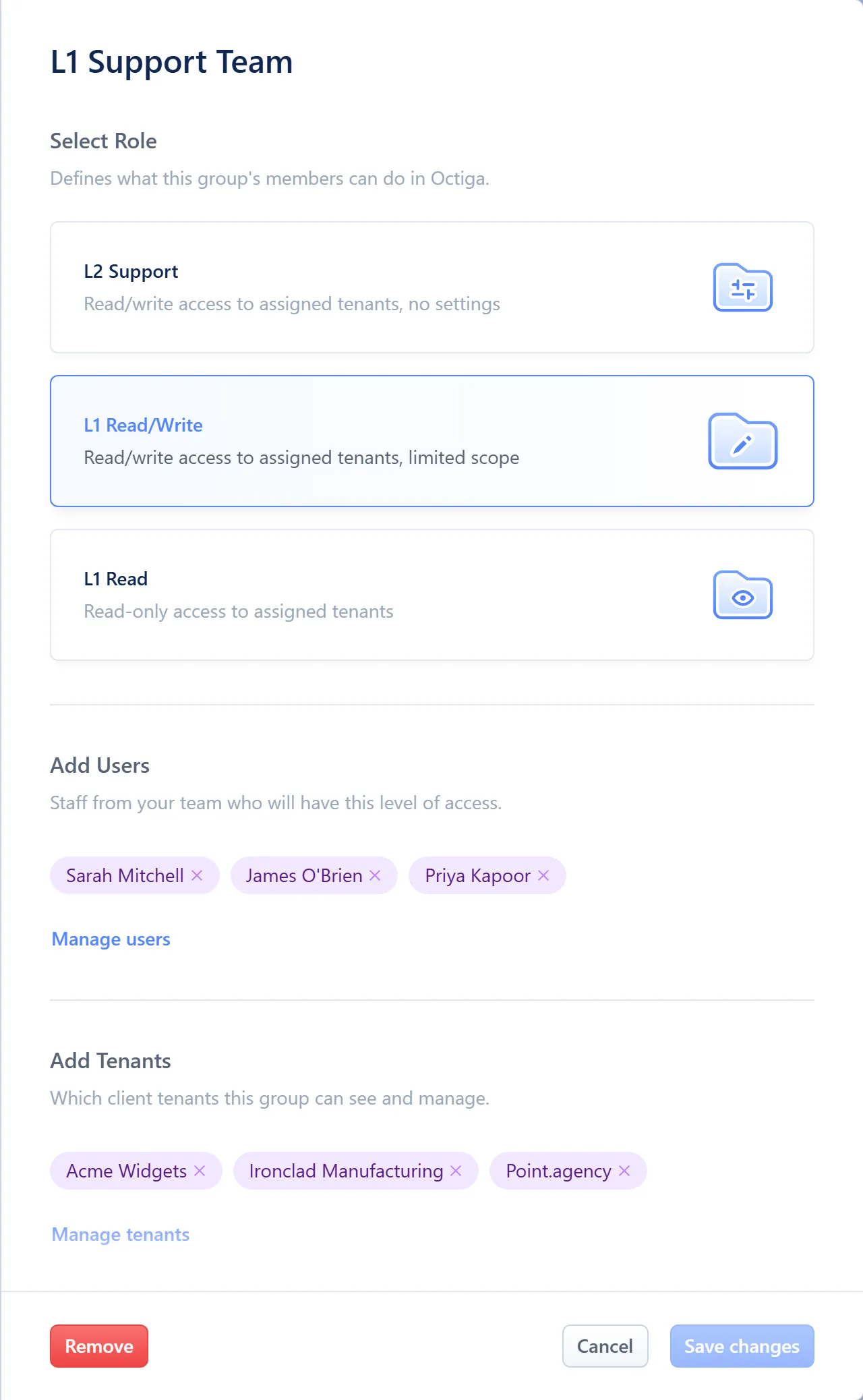 The access group side sheet, showing the role picker, member chips and tenant chips