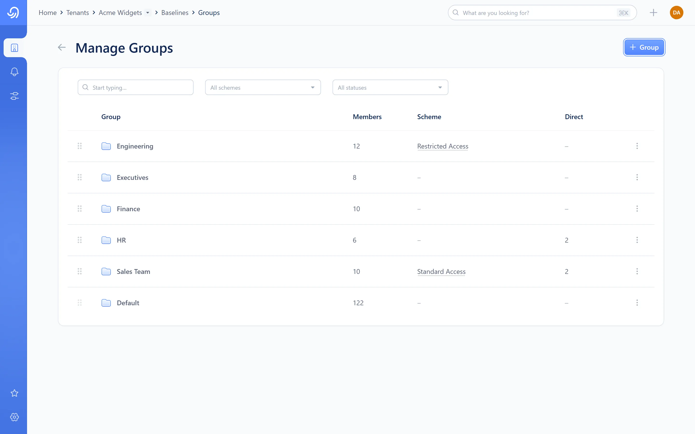 The Groups page, listing tracked Azure groups with their members, scheme and direct-baseline counts