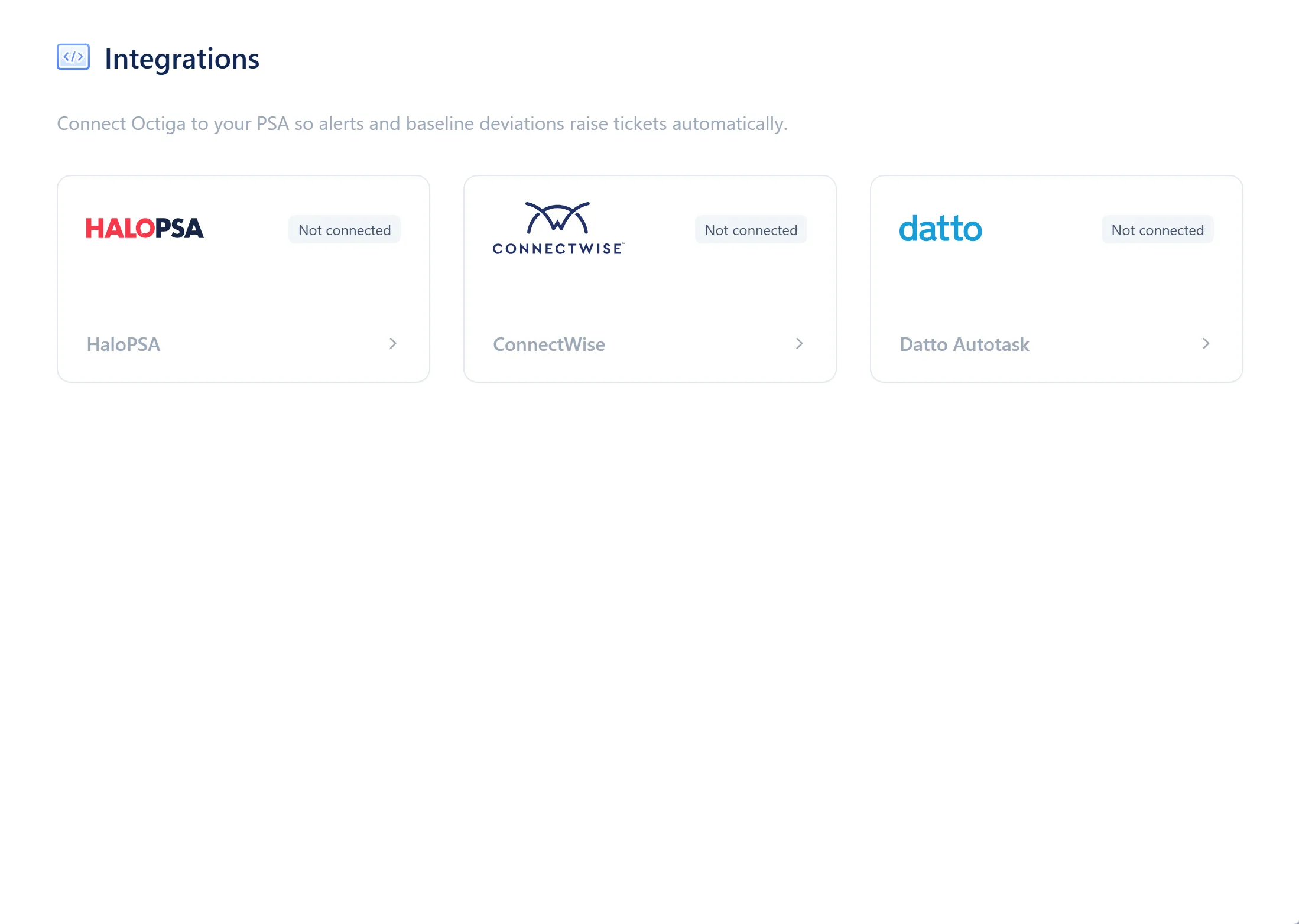 The Integrations landing page, showing a card per PSA with its name, logo and connection status