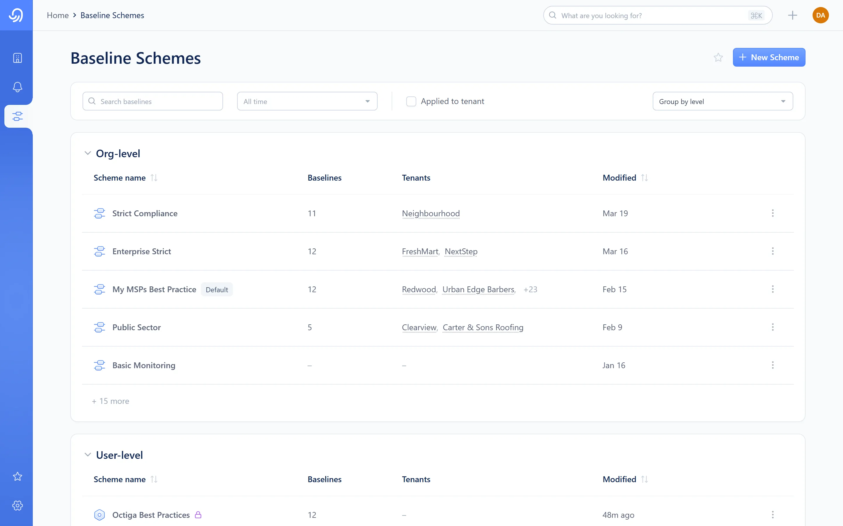 The Baseline Schemes library screen, showing the org-level and user-level scheme tables