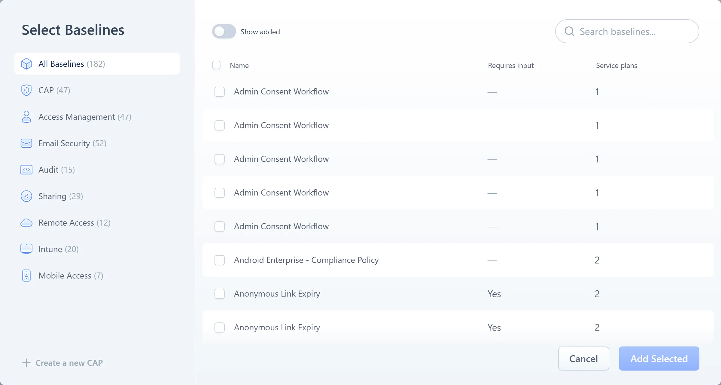 The add-baseline picker, showing search, the category rail, and the Requires input and Service plans columns