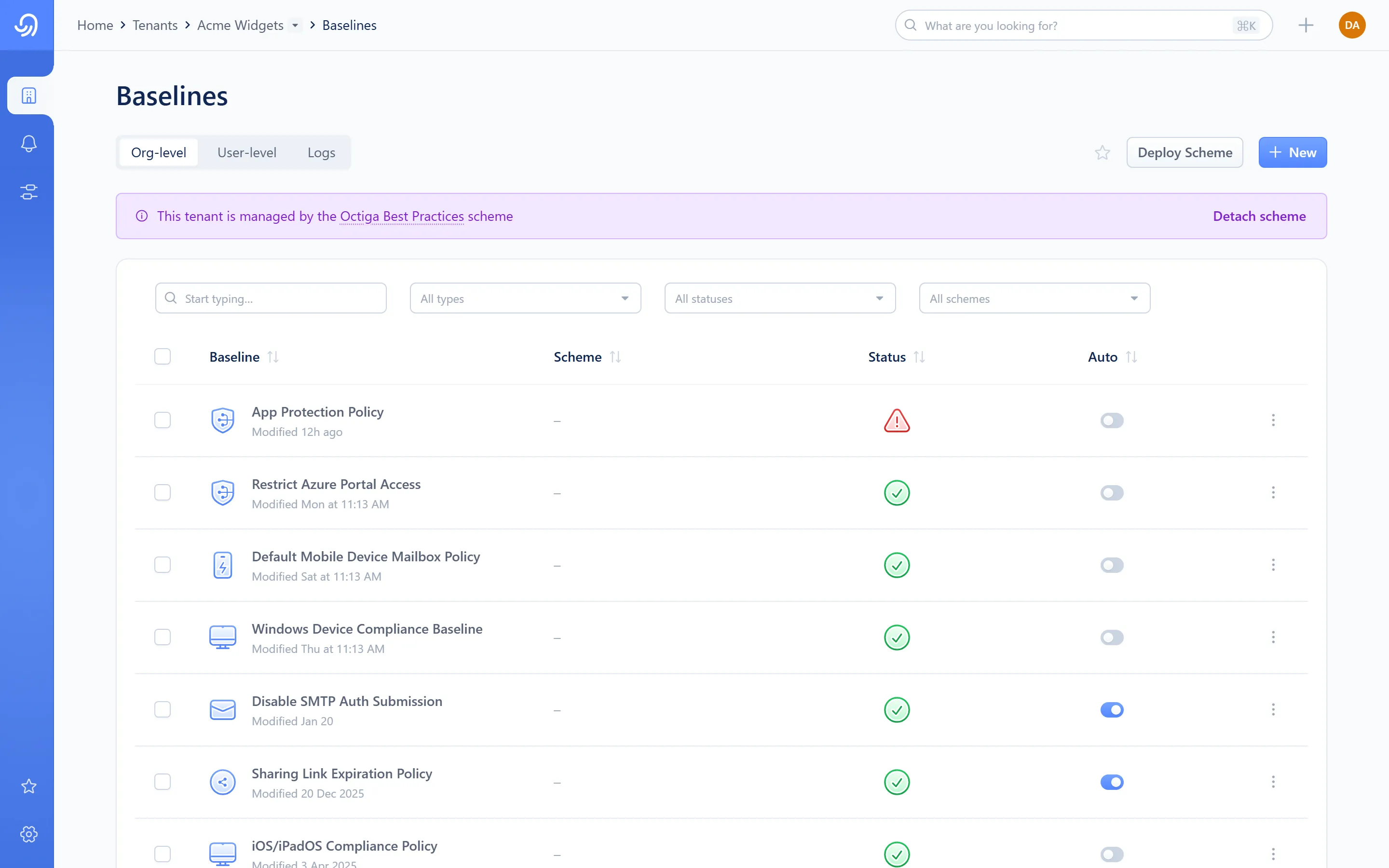 A tenant's org-level Baselines tab, showing the Status column