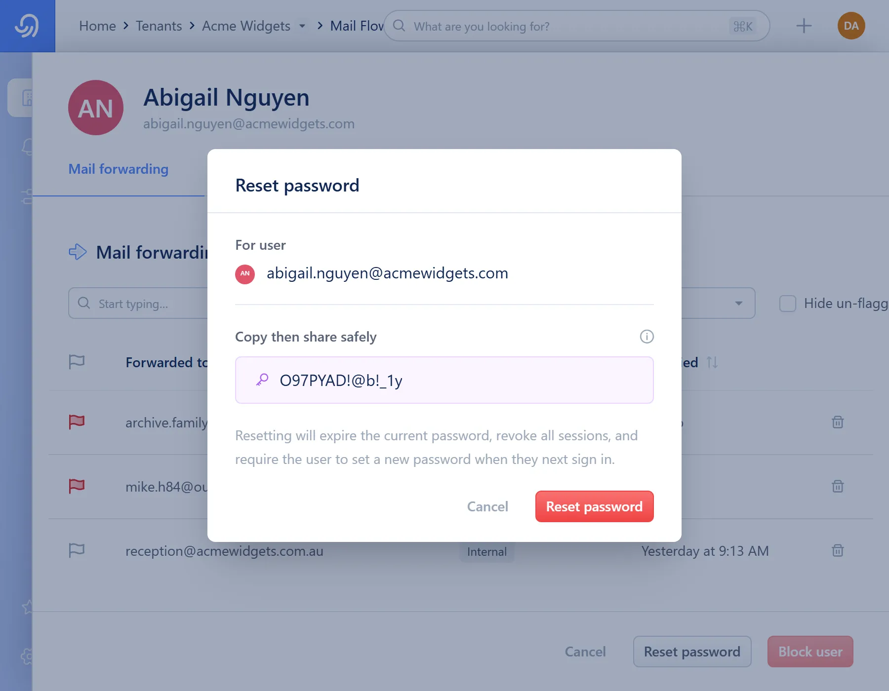 The Reset password dialog for a user, with a copy-then-share panel above the Reset password button
