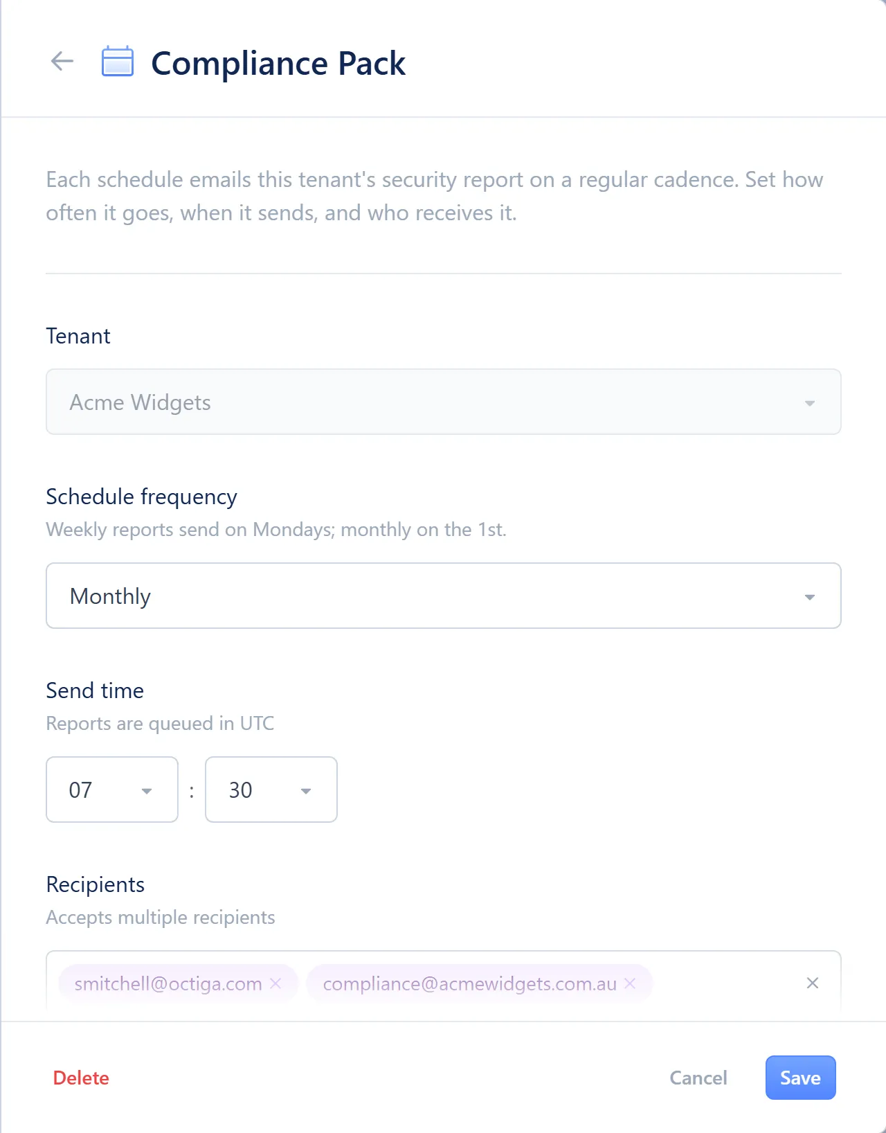 The schedule editor, showing frequency, send time, recipients and status fields