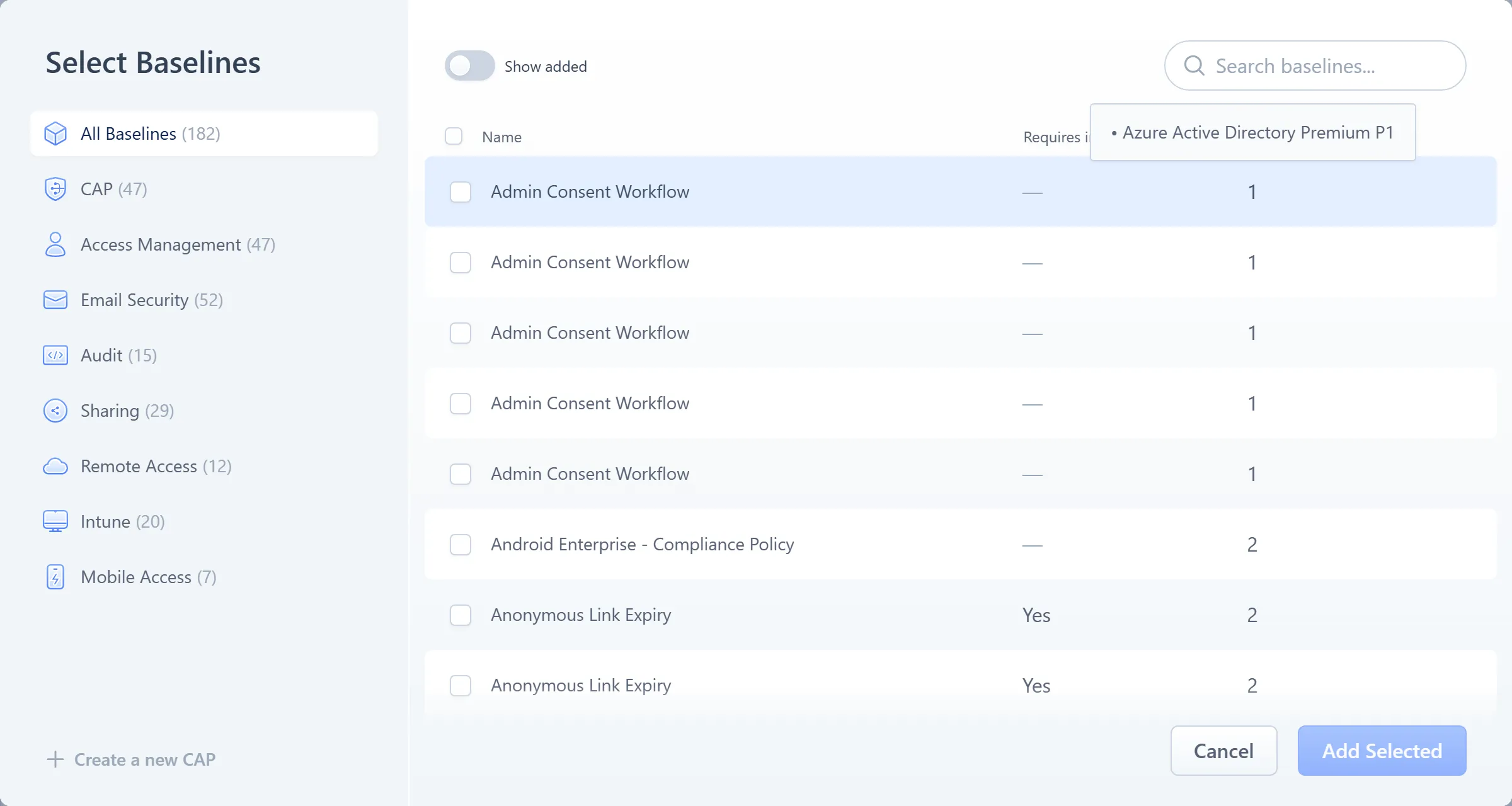 The Add Baselines dialog's Service plans column, showing a tooltip listing the Microsoft licences a Conditional Access baseline requires