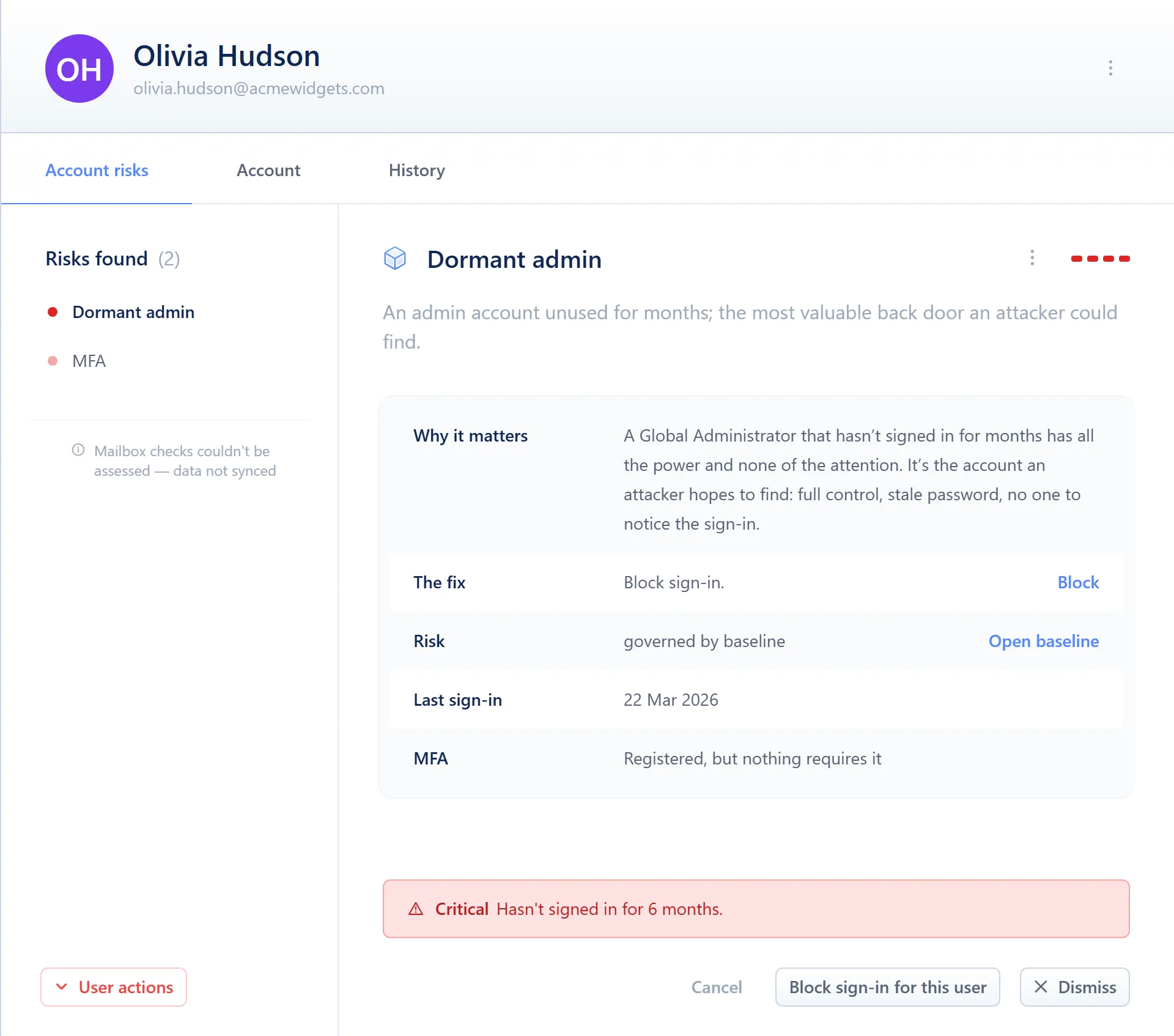 The account risk side sheet, showing the selected user's open findings and the detail for one of them