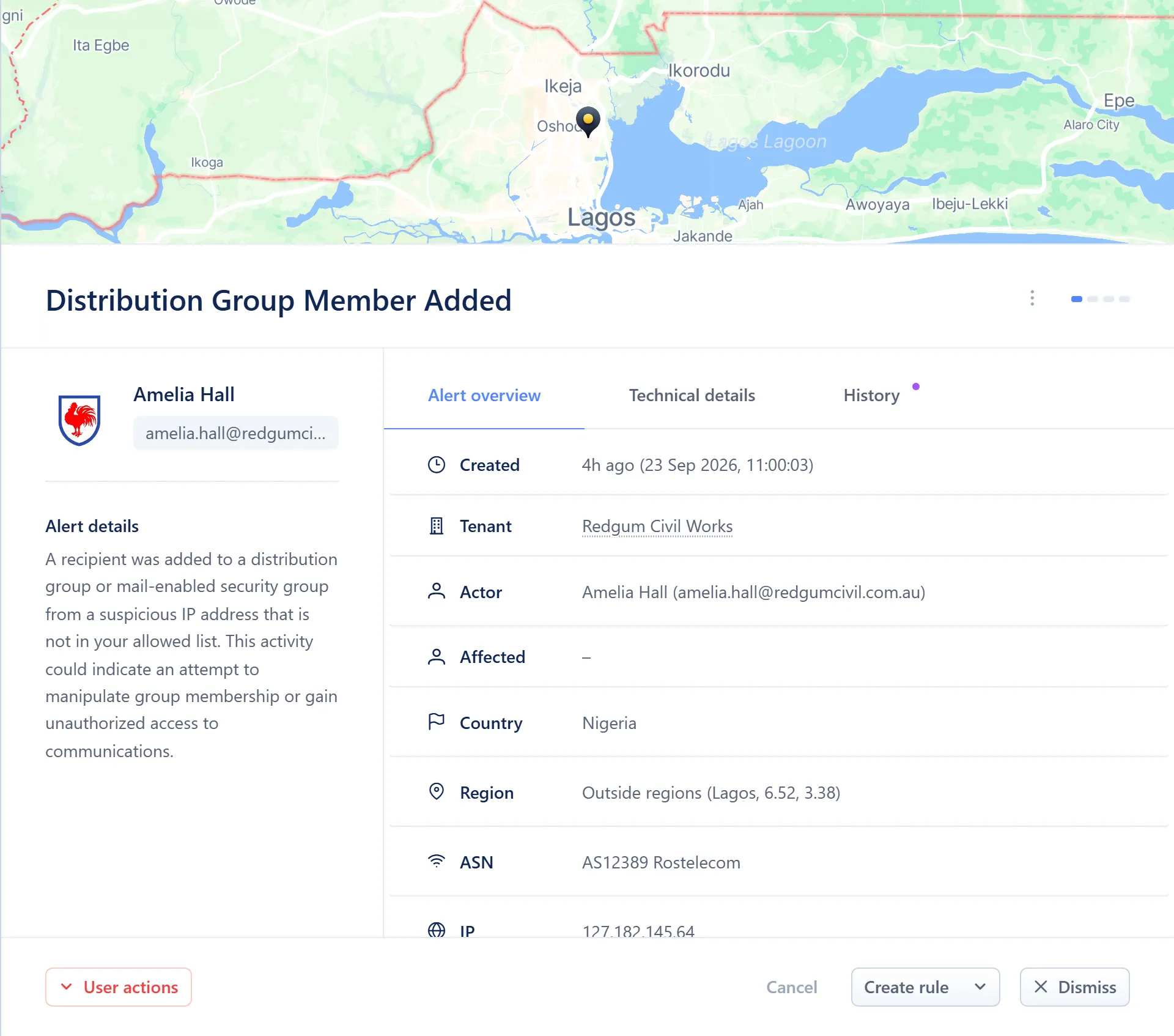 The alert detail side sheet, showing the alert's overview, a location map, and Technical details and History tabs