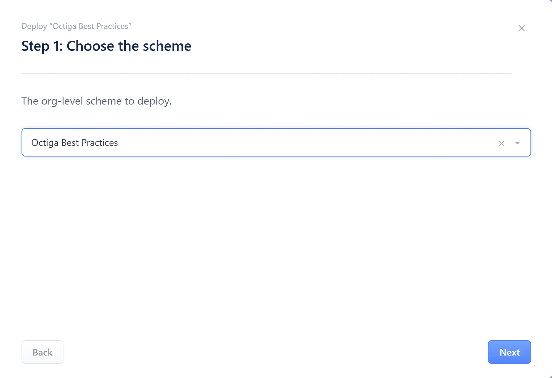 The deploy wizard's Scheme step, with a scheme selected