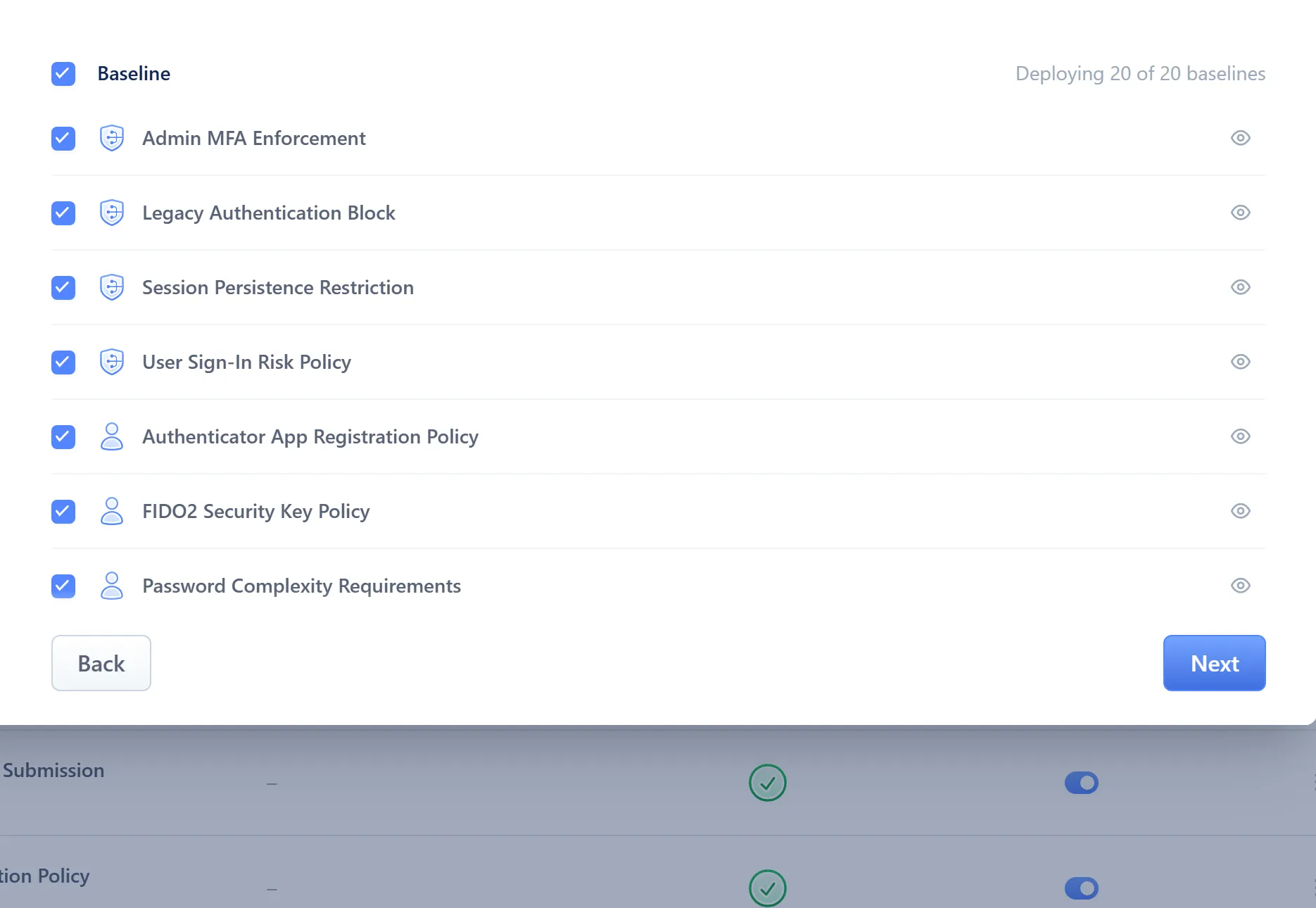The deploy wizard's Baselines step, with a subset of baselines checked