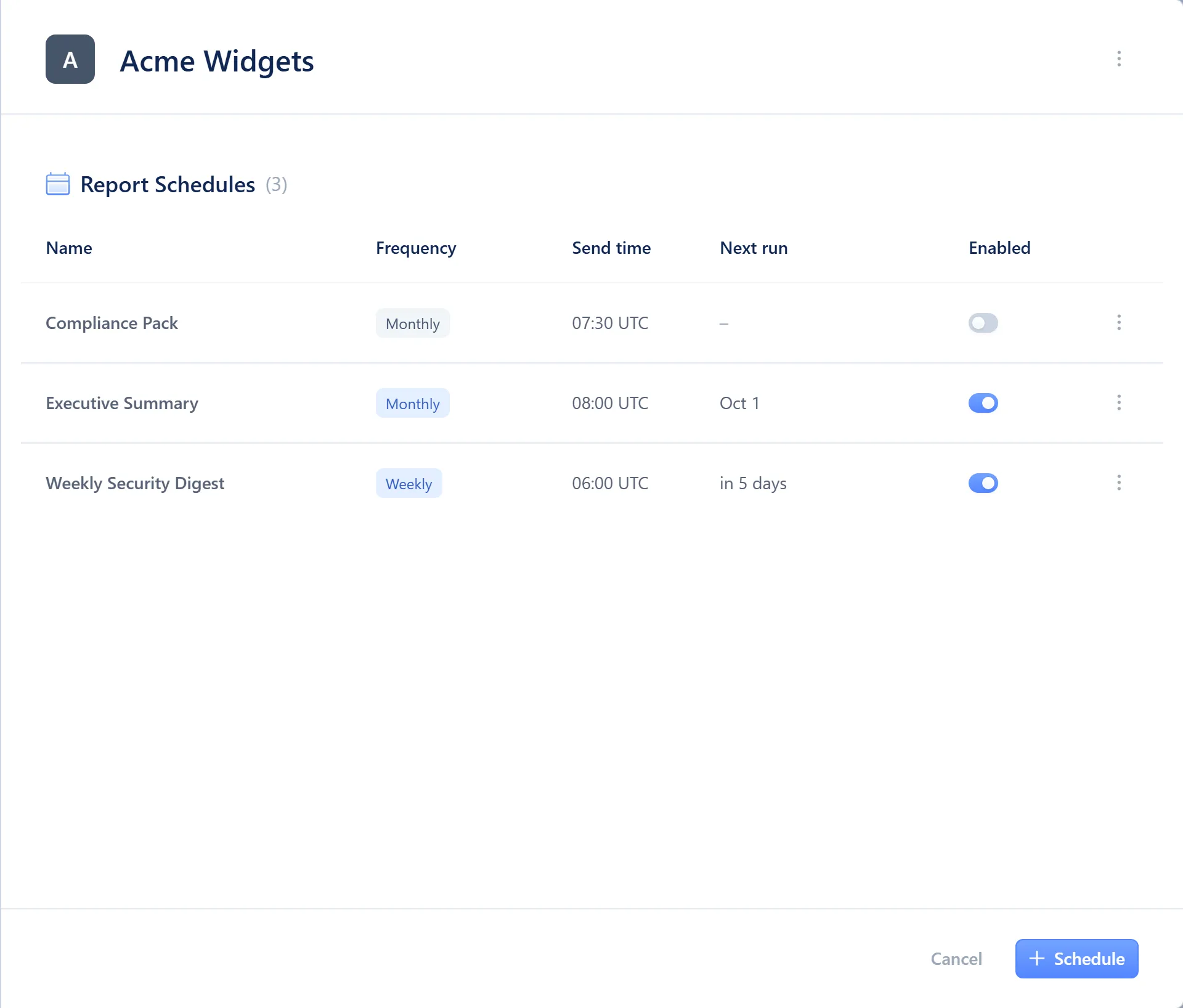 A tenant's schedule list, with an Enabled toggle on each row