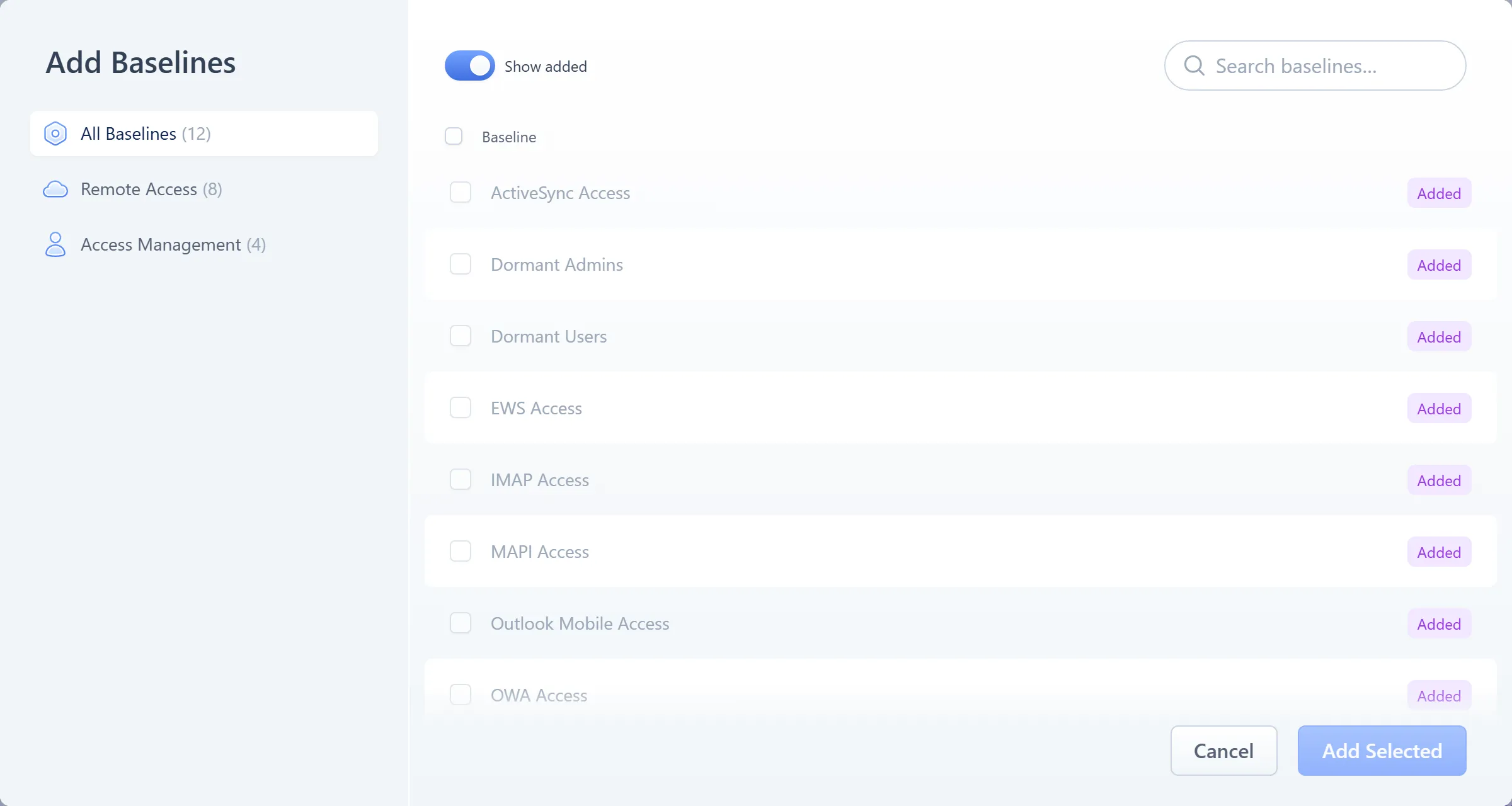 The user detail sheet's add-baseline picker, showing the 12-item registry grouped by category
