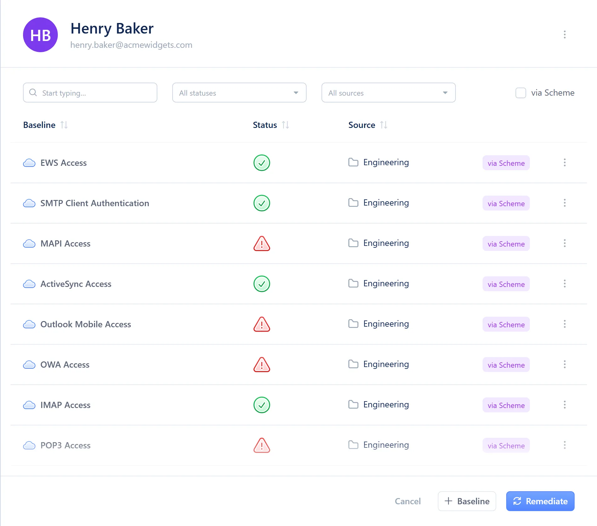 A user's detail panel, listing their applied baselines with a Status column